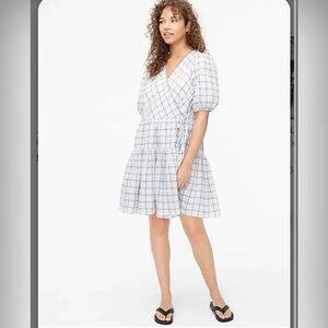 JCrew Puff-sleeve Cotton Voile Wrap Dress in Oyster Plaid Sz XXL